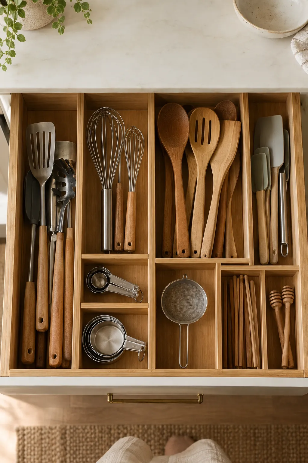 A kitchen drawer neatly organized with bamboo dividers and utensils