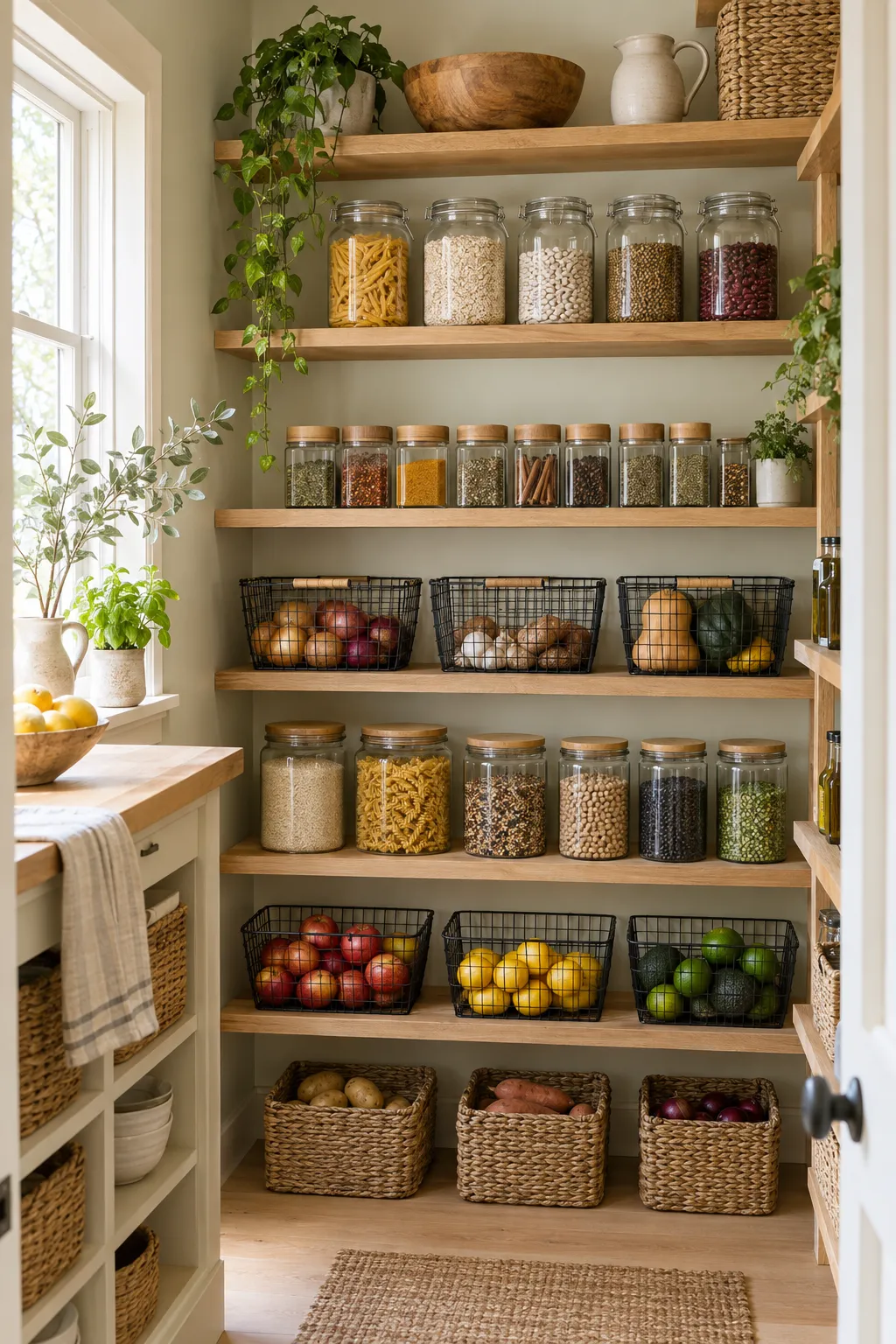 An organized pantry with glass jars, wire baskets and labeled shelves